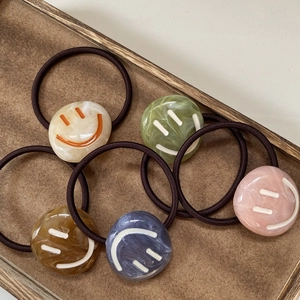 Set of 5 minimalist marble texture hair ties with smiley face resin beads for women