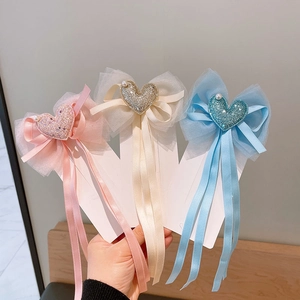 Fermaglio per Capelli a Fiocco in Rete per Bambini Stile Coreano Con Cuore di Paillettes e Nastro Lungo Dolce Forcina per Ragazze