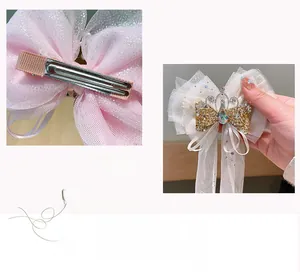 Dettaglio del fiocco in rete rosa con corona glitterata dorata e clip a becco in metallo