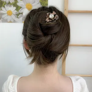 French elegant leopard pattern flower hair stick with white pearl on brown hair bun