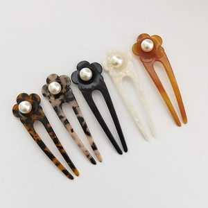 French Elegant Acetate Flower Artificial Pearl Hair Stick Vintage U-Shaped Hairpin Women Leopard Print Retro Hair Styling Accessories