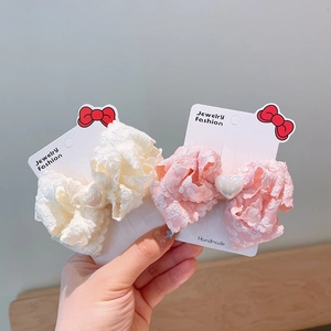 Double-layered lace bow hair clips with heart pearl accents for girls, cream and pink set