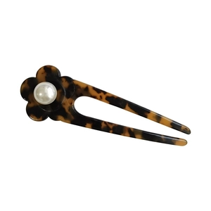 French style U-shaped hair pin with tortoiseshell pattern and flower pearl decoration