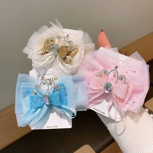 Tre colori mollette per capelli a fiocco in rete con corone glitterate e strass bimba