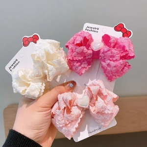 Sweet Girls Lace Bow Hair Clip With Heart Artificial Pearl Decor Handmade Double Layer Princess Hairpin For Kids Hair Accessories