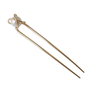 Elegant U-shaped gold alloy hair pin with a single pearl and celestial orbit ring design
