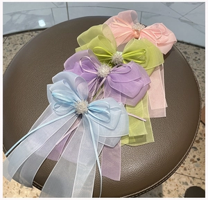 Détail de barrettes en mousseline avec longs glands et ornements en perles blanches