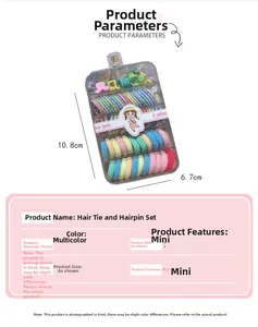 Detail view showing box dimensions of 10.8cm x 6.7cm for colorful elastic hair tie set