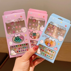 Kids cute press-on nail kit with colorful 3D flower hair clips and sparkling rhinestones