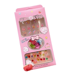 Kids pink nail sticker gift set with cute cartoon patterns and colorful hair clips