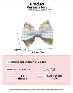 Detail of blue gingham and lace bow hair clip with specific dimensions for girls