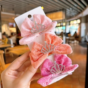 Set de 3 horquillas para niña de encaje de malla con coronas plateadas en rosa y naranja