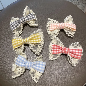 5-piece set of girls' plaid bow hair clips with white lace trim in assorted spring colors