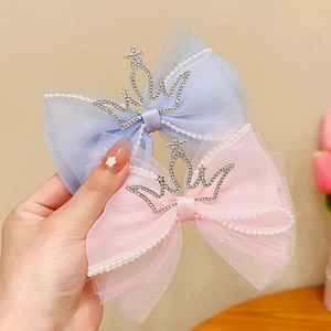 Zoete prinsessen haarclips met glitter tule strikken, parels en strass kroon detail