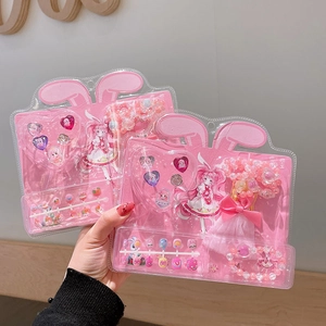 Children cartoon nail art set with heart-shaped ring and beaded bracelet in pink