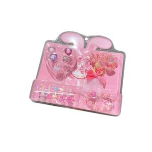 Pink cartoon jewelry gift set for girls featuring heart ring, bracelet, and bow clips