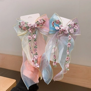Girls Embroidered Mesh Bow Hair Clip With Long Ribbon Sweet Princess Veil Hair Accessory Gradient Floral Hairpin For Kids