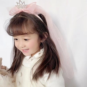 Pink princess headband for girls featuring a 3D crown, mesh bow, and long tulle veil