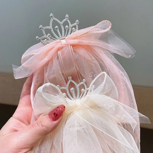 Princess hairband with silver crown and pearl mesh bow in pink and creamy white