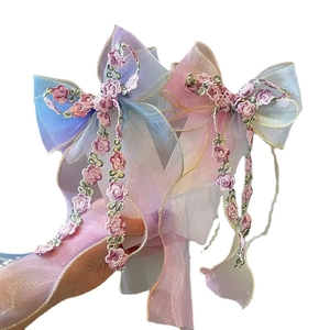 Sweet princess embroidered floral bow hair clips with mesh streamers for girls