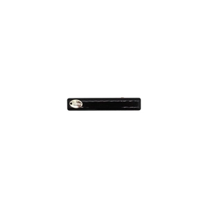 Glossy black acetate leopard style hair clip with oval metal brand tag on white background