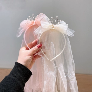 Kids Princess Crown Veil Headband Artificial Pearl Rhinestone Bowknot Mesh Tulle Hair Band For Birthday Wedding Party Girls Hair Accessories