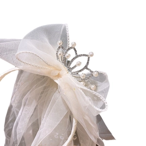 Elegant princess crown headband with white tulle veil and pearls for little girls