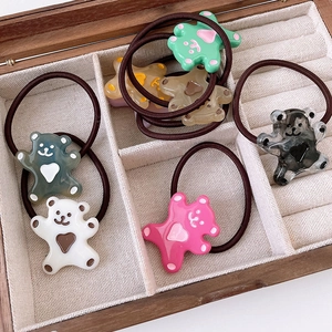 Colorful cartoon bear elastic hair bands for girls, cute resin heart bear hair accessories