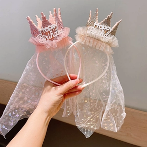 Kinder Geburtstag Krone Stirnband Mit Pailletten Tüll Schleier Happy Birthday Buchstabe Prinzessin Haarschmuck Für Mädchen Party