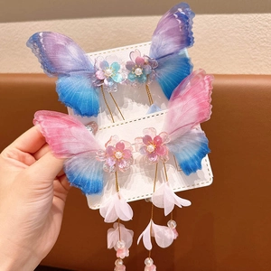 Exquisite 3D butterfly tassel hair clips set with pearls and rhinestones for Hanfu styling