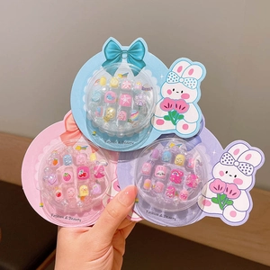 Cute cartoon children's press-on nail set with strawberry and bunny patterns in pink and blue
