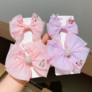Korean Style Kids Bow Hair Clip Mesh Embroidery Flower Rhinestone Hairpin Sweet Princess Duckbill Clip For Girls Hair Accessories