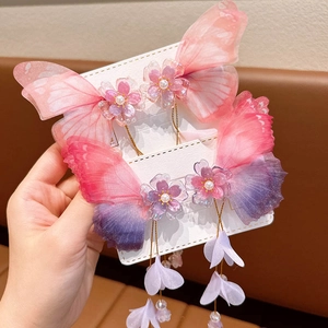 Kids Vintage 3D Butterfly Tassel Hair Clip Hanfu Ethereal Rhinestone Artificial Pearl Gauze Butterfly Hair Accessories For Girls