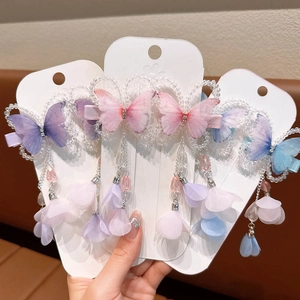 Stereo butterfly hair clip with rhinestones and long tassels for Hanfu accessories