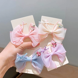 Floral embroidered organza bow hair clips for girls in pink, beige, purple and blue