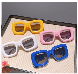 Fashionable rectangle thick frame sunglasses in bright yellow pink white and blue colors