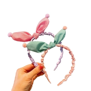 Kids plaid fabric headbands with cute rabbit ears in pink purple and green patterns