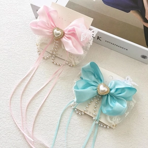 Fairy Bow Hair Clip For Girls Satin Lace Butterfly Long Ribbon Tassel Heart Artificial Pearl Rhinestone Sweet Hair Accessories