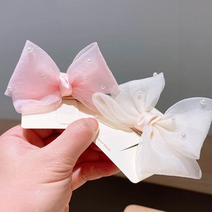 Barrettes à cheveux nœud 3D avec perles pour filles en organza rose et blanc sur carte