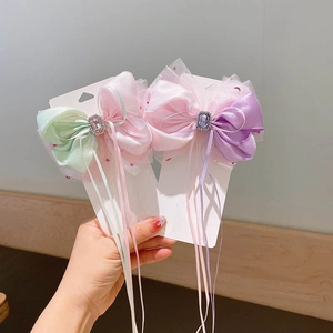 Dual layer ribbon hair bows with mesh fabric and sparkling gemstone center for girls