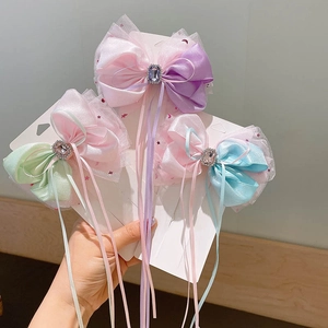 Sweet Mesh Bow Hair Clips For Kids With Long Tassels Satin Rhinestone Duckbill Clips For Girls Birthday Party Daily Hair Decor
