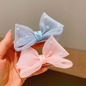 Barrettes à cheveux nœud en organza pour enfants avec perles blanches en bleu et rose
