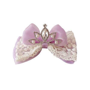 Elegante fermaglio per capelli con fiocco di raso viola, corona d'argento e perle