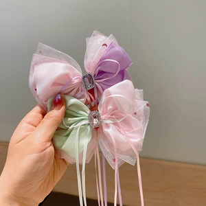 Dual-color organza bow hair clips with crystal center and long ribbon tassels for girls