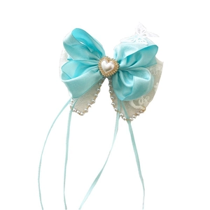 Fairy light blue bow hair clip with lace, pearls and long ribbons for girls' Hanfu