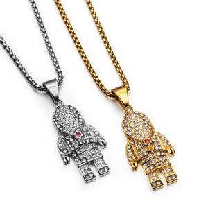 Collana con Ciondolo Astronauta Hip Hop in Acciaio al Titanio Zirconia Robot Iced Out Gioielli Streetwear per Uomo Donna