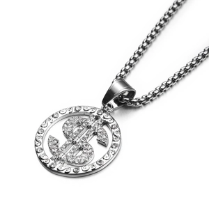 Hiphop dollarteken hanger ketting in zilver met witte strass steentjes