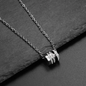 Hip hop silver titanium steel necklace with a diamond-encrusted cylinder pendant