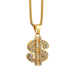 Collar con colgante de signo de dólar hip hop dorado con brillantes diamantes de imitación