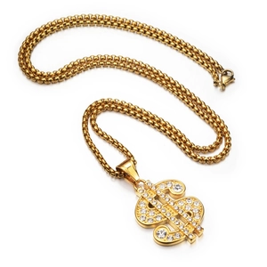Collar con colgante de signo de dólar dorado hip-hop con cristales en cadena de caja